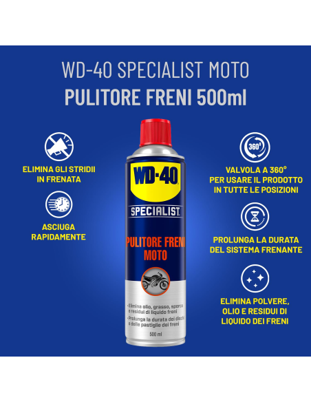 Pulitore Freni Moto - Asciuga rapidamente, senza residui - Spray con valvola a 360° 500ml - WD-40 Specialist | Utensili Store