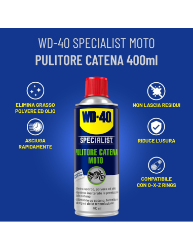 Pulitore Catena Moto - Per catene, forcelloni e trasmissioni - Compatibile con O, X e Z ring - Spray 400ml - WD-40 Specialist | Utensili Store