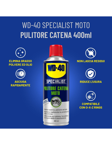 Pulitore Catena Moto - Per catene, forcelloni e trasmissioni - Compatibile con O, X e Z ring - Spray 400ml - WD-40 Specialist | Utensili Store