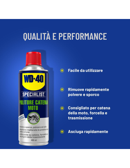 Pulitore Catena Moto - Per catene, forcelloni e trasmissioni - Compatibile con O, X e Z ring - Spray 400ml - WD-40 Specialist | Utensili Store