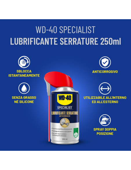 Lubrificante Serrature - Anticorrosivo - Sbloccaggio immediato - Senza grasso o silicone - 250ml - WD-40 Specialist | Utensili Store
