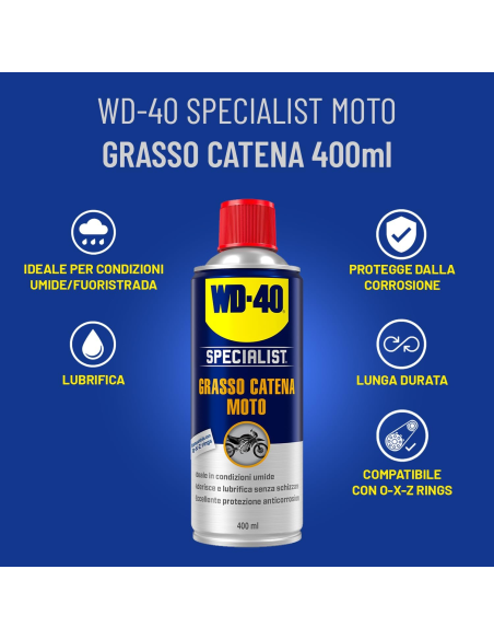 Grasso Catena Moto - Per Condizioni Umide - Compatible con O, X, Z Rings - Spray 400ml - WD-40 Specialist | Utensili Store