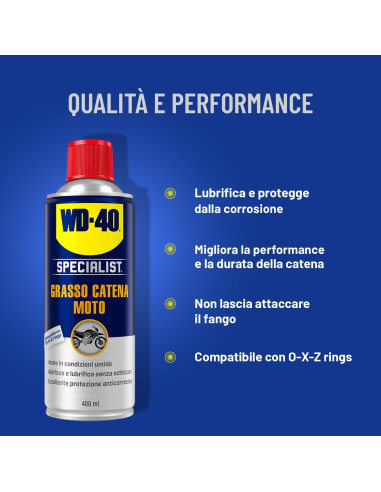 Grasso Catena Moto - Per Condizioni Umide - Compatible con O, X, Z Rings - Spray 400ml - WD-40 Specialist | Utensili Store